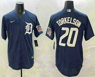 Mens Detroit Tigers #20 Spencer Torkelson Navy With Patch Cool Base Stitched Jersey